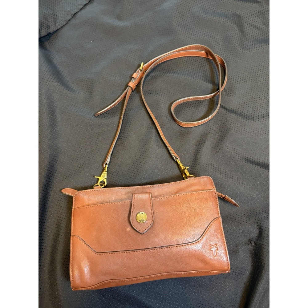 Frye Brown Leather Small Crossbody Bag Adjustable Strap Zip Close Snap Pocket - Picture 3 of 13